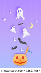 Happy Halloween paper art background with ghost vector illustration