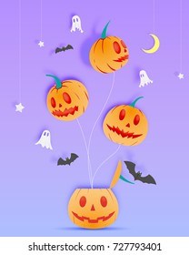 Happy Halloween paper art background with ghost vector illustration
