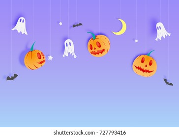 Happy Halloween paper art background with ghost vector illustration