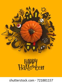 Happy Halloween Paper art banner with cartoon silhouettes around realistic Pumpkin. Vector illustration. Paper cut holiday design with hand lettering greetings. Retro style