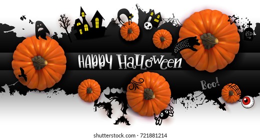 Happy Halloween Paper art banner with cartoon silhouettes on blot background with realistic Pumpkins. Vector illustration. Paper cut holiday design with hand lettering greetings. Retro style banner