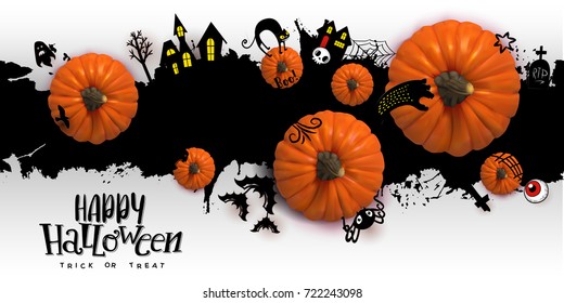 Happy Halloween Paper art banner with cartoon silhouettes on blot background with realistic Pumpkins. Vector illustration. Paper cut holiday design with hand lettering greetings. Retro style banner