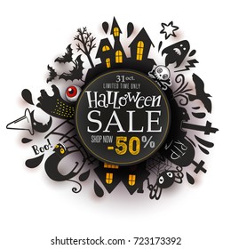 Happy Halloween Paper art banner with cartoon silhouettes around Sale label. Vector illustration. Paper cut holiday design with hand lettering greetings. Retro paper art style