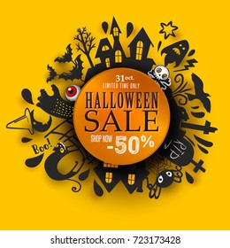 Happy Halloween Paper art banner with cartoon silhouettes around Sale text. Vector illustration. Paper cut holiday design with hand lettering greetings. Retro paper art style