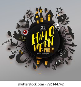 Happy Halloween Paper art banner with cartoon silhouettes around Party logo. Vector illustration. Paper cut holiday design with hand lettering greeting. Party poster, banner, label
