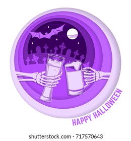 Happy Halloween. Paper art carving style design for Halloween overlay, labels, shirt, logo, print, seal. Skeleton hands with glasses of magic beers. Typography design- stock vector.