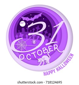 Happy Halloween. Paper art carving style design for Halloween overlay, labels, shirt, logo, print, seal. 31 october with cat and bat in the cemetery. Typography design- stock vector.