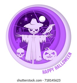 Happy Halloween. Paper art carving style design for Halloween overlay, labels, shirt, logo, print, seal. Scarecrow with raven and pumpkin in the cemetery. Typography design- stock vector.