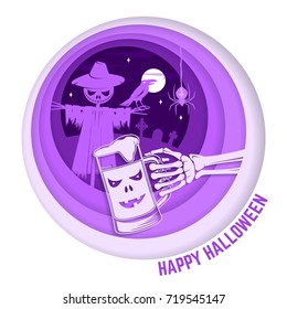Happy Halloween. Paper art carving style design for Halloween overlay, labels, shirt, logo, print, seal. Scarecrow with raven and skeleton hand with glass of magic beer in the cemetery. Vector