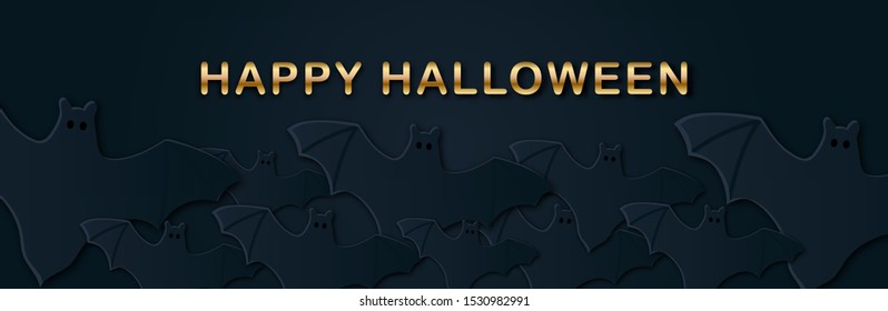 Happy Halloween Paper cut banner. Layered art flying Bat icon and Gold text. Mystical Horizontal web header, flyer, cartoon seasonal layout. 3D flat style craft character, phantom. Vector illustration