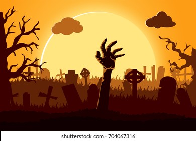 Happy halloween paper cut style. Concept of cemetery. Vector illustration.