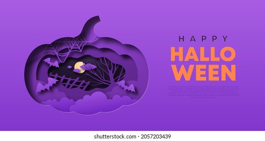 Happy Halloween paper cut web template illustration. Scary night cemetery scene in 3d papercut art style inside carved pumpkin. October party invitation or celebration event design.