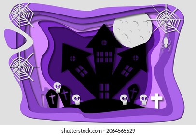 Happy Halloween papercut layered with pumpkin, house, cemetery.