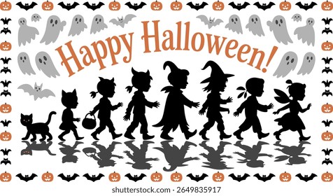 Happy halloween parade of children in costumes with ghosts and bats silhouette
