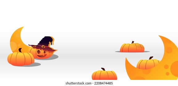 Happy Halloween, party and autumn holiday concept. Vector illustration. Funny orange pumpkin in big witch hat and moon isolated over white background with copy space for advertisement or design