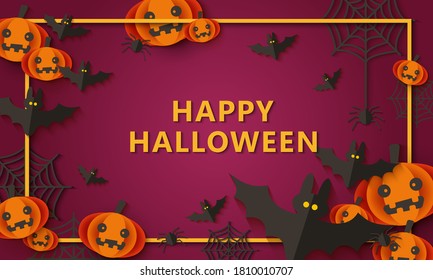 Happy Halloween party background with decoration of spiders and bats, pumpkins and web. Flat vector paper illustration for Halloween on a violet background.