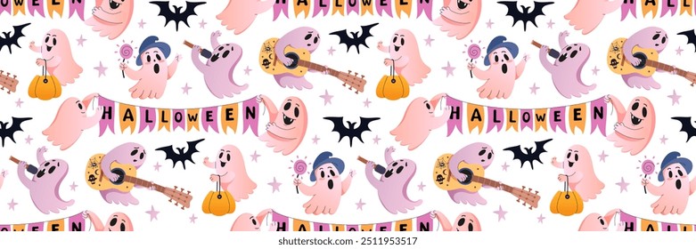 Fundo feliz da festa de Halloween. padrão contínuo poltergeist musical. Fantasma rosa bonito com Garland de bandeiras. Festa de Halloween com monstros, morcego. Ilustração vetorial para papel de parede.