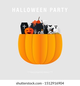 Happy Halloween Party Background. pumpkins, ghosts, candy, witch broom, bats, cobwebs, skulls, bones, headstones, witch hats. Paper art style. Vector 
