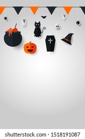 Happy Halloween Party Background. pumpkins, ghosts, candy, witch broom, bats, cobwebs, skulls, bones, headstones, witch hats. Paper art style. Vector 