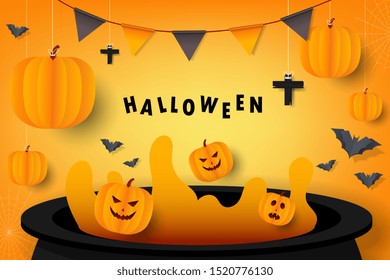 Happy Halloween Party Background. pumpkins, bats, cobwebs, cauldron, Paper art. Vector