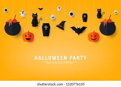 Happy Halloween Party Background. pumpkins, ghosts, candy, witch broom, bats, cobwebs, skulls, bones, headstones, witch hats. Paper art style. Vector 