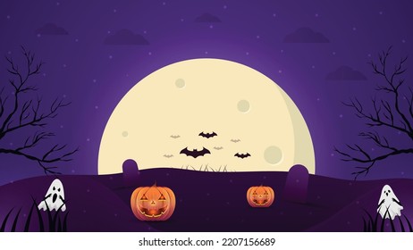 Happy Halloween party background or pumpkins castle on the blue moon with ghost invitations banner flying bats at night. Trick or treat pumpkins under the moonlight full moon in the sky. vector backgr