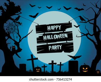 Happy halloween party. Halloween background. Halloween vector background with pumpkins, flying bats, trees, spider, crow and full moon.