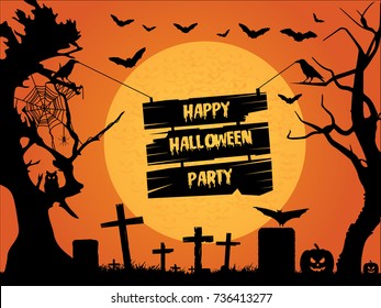Happy halloween party. Halloween background. Halloween vector background with pumpkins, flying bats, trees, spider, crow and full moon.