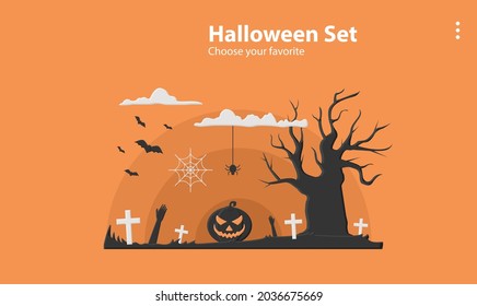 happy halloween party background wallpaper icon october template cartoon pattern pumpkin vector illustration holiday flyer web witch bat scary ghost card skull concept banner evil celebration cute