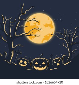 Happy halloween party banner background. Festival celebration poster layout with pumpkins on moonlit landscape background.