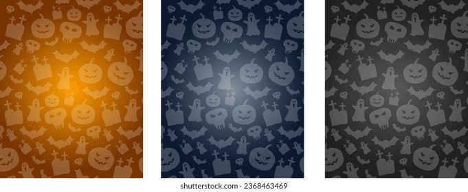 Happy Halloween party banner or blank poster pattern background set. Vector illustration. Pumpkin, ghost, tree, moon, flying bat decorations. Brochure background. Great for social media creatives.
