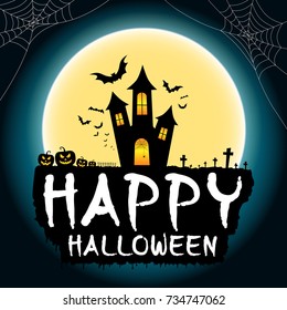 Happy halloween party banner or greeting card. Halloween night background with full moon, spider, web, graveyard and dark blue sky. Vector illustration.