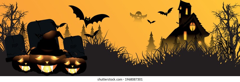 Happy halloween party banner with hounted house glowing pumpkin and flying bats