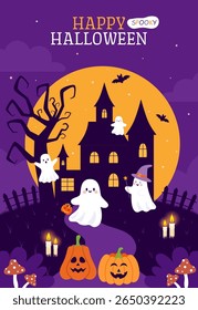 Happy Halloween party banner or invitation with cute ghost characters and pumpkins, bats on full moon background. Halloween trick or treat card.