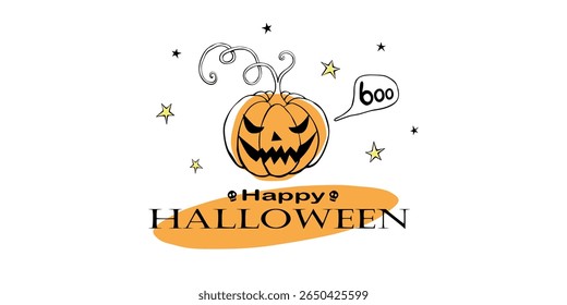 Happy Halloween party banner, invitation, greeting card, costume party poster and celebration announce with Jack o Lantern, creepy pumpkin