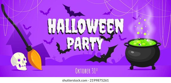 Happy Halloween Party Banner with magic pot of potion, witch broom, skulls, bats, cobwebs. Celebration night flyer on violet background.