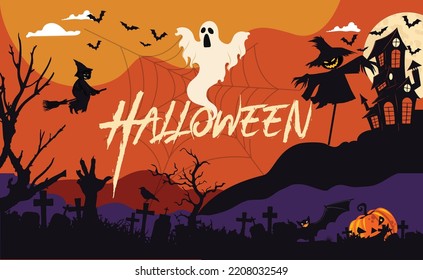 Happy Halloween party banner for October event, orange purple background and scary smiling pumpkin, white ghost, flying black bats, scarecrow, creepy witch. Graveyard night. Halloween Trick or treat.