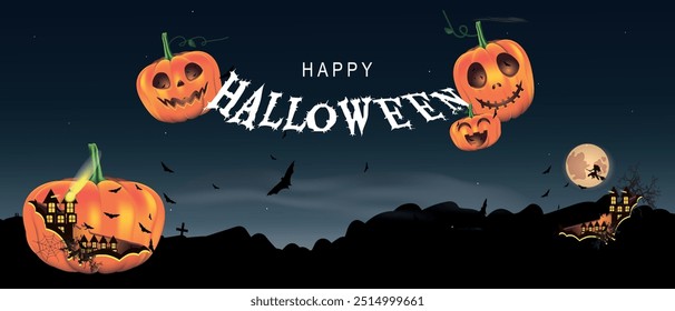 Happy Halloween party banner for October 21st, blue background and scary smiling pumpkin, flying black bats, creepy witch. Halloween night at the cemetery. Trick or treat.