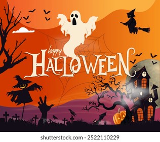 Happy Halloween party banner for October event, orange purple background and scary smiling pumpkin, white ghost, flying black bats, scarecrow, creepy witch. Halloween graveyard night. Trick or treat.