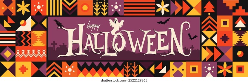 Feliz Anuncio de fiesta de Halloween para el festival de octubre, fondo naranja púrpura, fantasma blanco aterrador, murciélagos negros voladores, cuervo. Noche de cementerio de Halloween. Truco o trato.