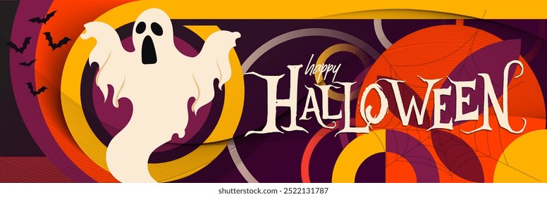 Happy Halloween party banner for October event, orange purple background and scary white ghost, flying black bats. Halloween background. Trick or treat. 