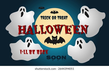 Happy Halloween party banner for October event, dark blue background and white ghosts, flying black bats, moon. Trick or treat. Vector illustration.