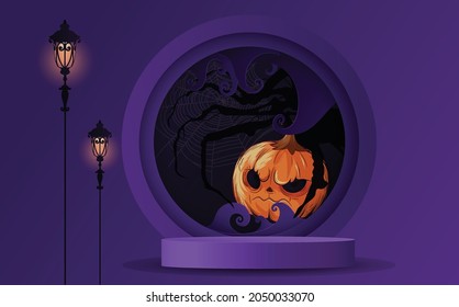 Happy Halloween Party Banner, Poster Or Invitation Card With Night Clouds And Pumpkins In Paper Cut Style Purple Background