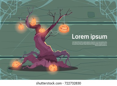 Happy Halloween Party Banner Pumpkins Hanging On Tree Traditional Decoration Holiday Greeting Card Flat Vector Illustration