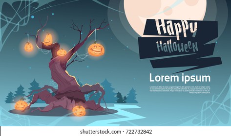 Happy Halloween Party Banner Pumpkins Hanging On Tree Traditional Decoration Holiday Greeting Card Flat Vector Illustration