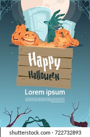 Happy Halloween Party Banner Pumpkins On Cemetery Traditional Decoration Holiday Greeting Card Flat Vector Illustration