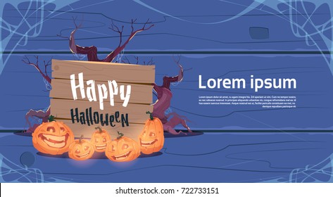 Happy Halloween Party Banner Pumpkins Traditional Decoration Holiday Greeting Card Flat Vector Illustration