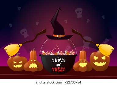 Happy Halloween Party Banner Pumpkins With Witch Broom And Pot Holiday Greeting Card Flat Vector Illustration