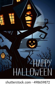 Happy Halloween party banner with spooky castle on tree in mystic forest at night under full moon, vector illustration. Halloween background with haunted house on hill and pumpkin head jack lantern