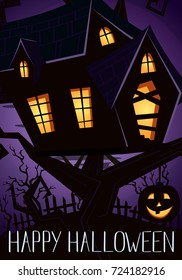 Happy Halloween party banner with spooky castle on tree in mystic forest at night under full moon, vector illustration. Halloween background with haunted house on hill and pumpkin head jack lantern